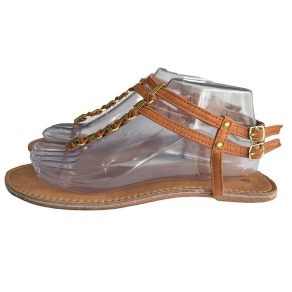 Wet Seal Brown T-Strap Gold Chain Sandals Size 9 - Picture 3 of 7